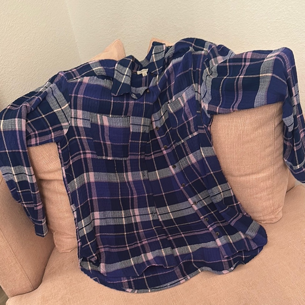 Pilcro Navy and Lavender Plaid Shirt